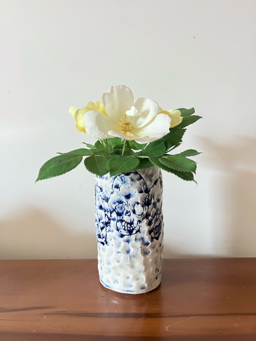 Handmade Ceramic Skull Vase / Cup Blue White 16oz Gothic Decor